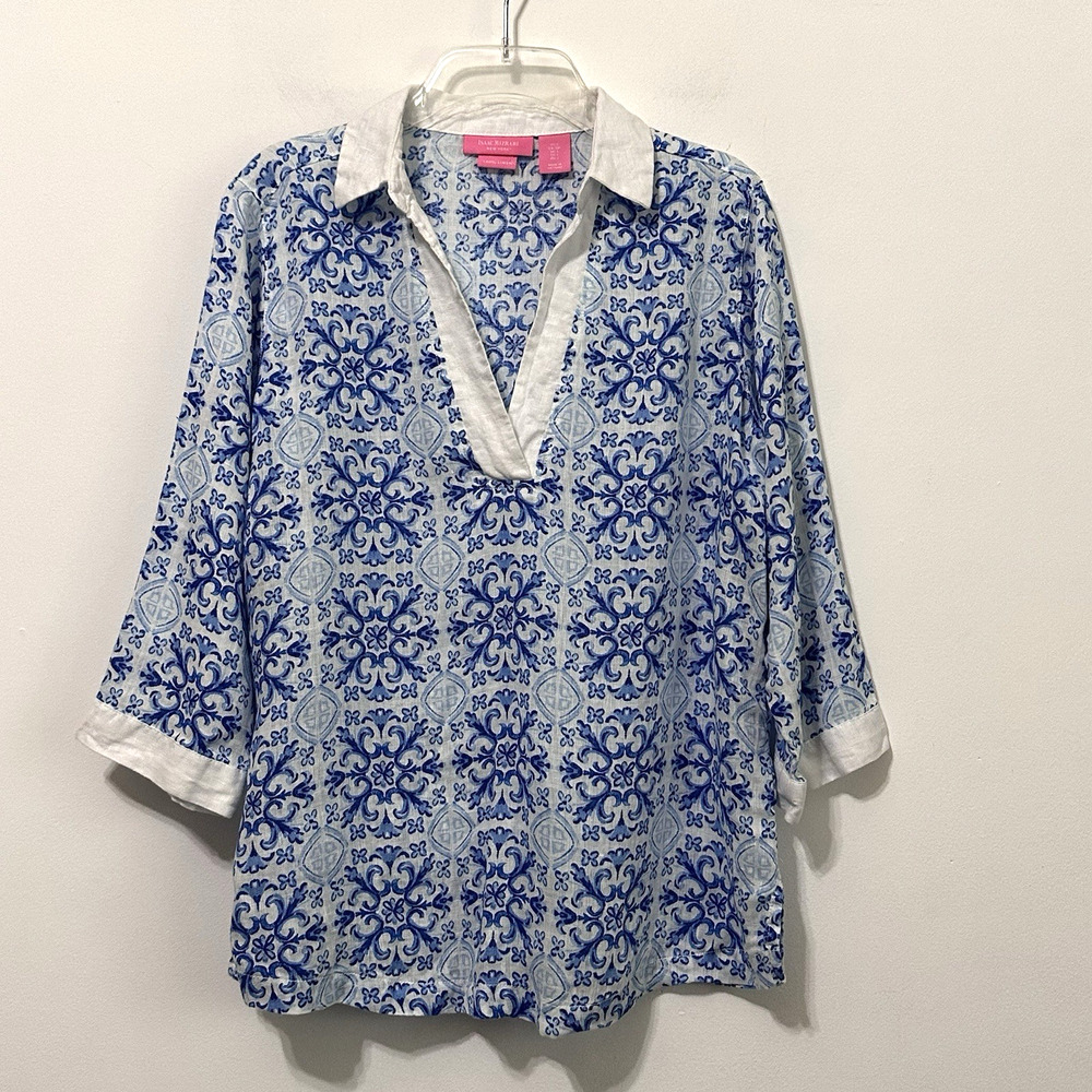 Isaac Mizrahi Linen Top S Coastal Blue 3/4 Sleeve V Neck Summer Classic Shirt